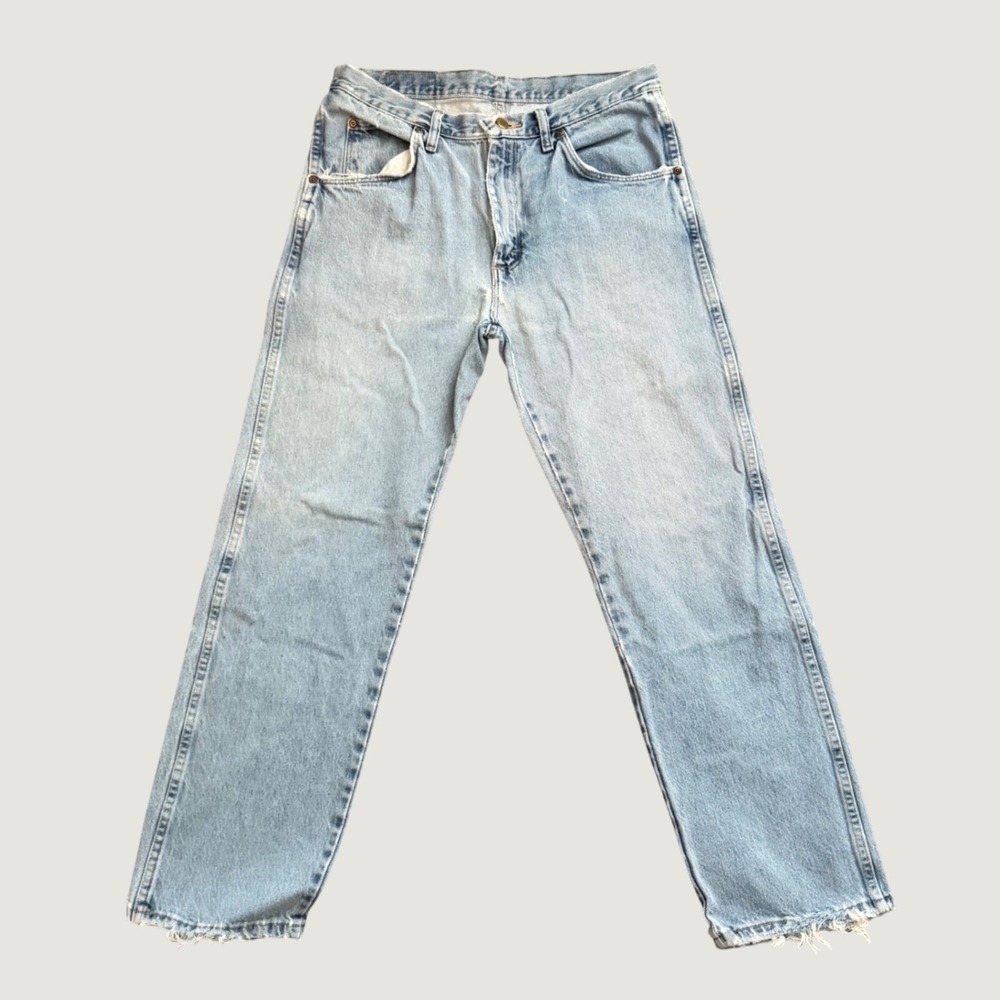 Wrangler 96501DS 33x30 Light Wash Straight Leg Cotton Jeans Mens Frayed Hem